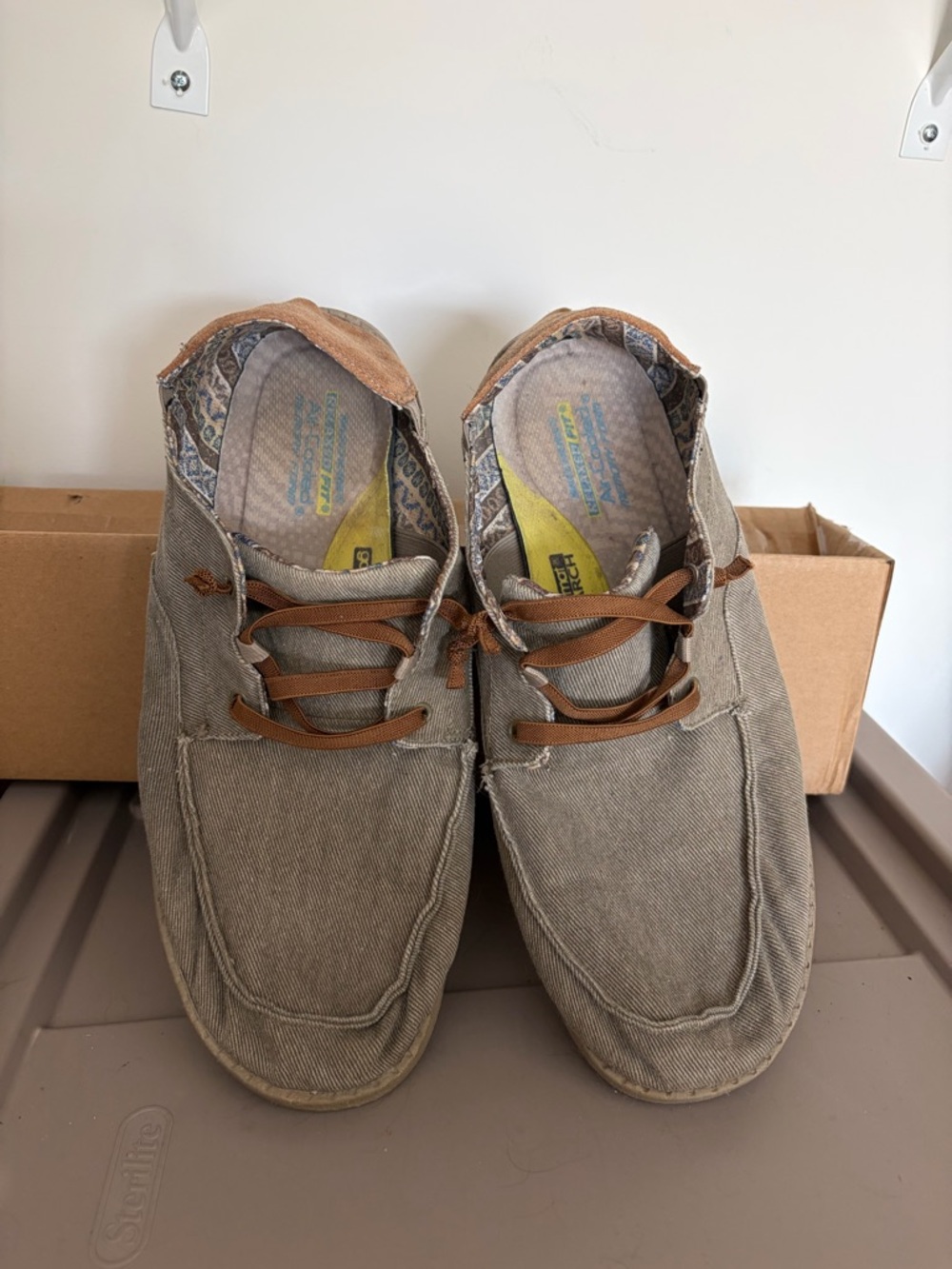 Skechers Men’s Casual Canvas Slip-On Loafers in Taupe with Brown Accents